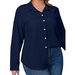 damestop in grote maten Plus effen overhemd met knopen aan de voorkant (Color : Navy Blue, Size : XXL)