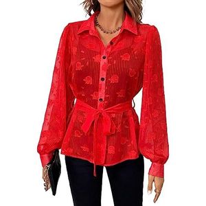 dames topjes Gebloemd jacquard overhemd met riem - Casual overhemd met lange mouwen, doorschijnende details en riem (Color : rood, Size : X-Small)