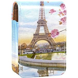 Frankrijk Parijs Eiffeltoren Bloem Landschap Lipgloss Houder Lipstick Case Draagbare Mini Lipstick Opbergdoos Reizen Lipstick Organizer Case met Spiegel voor Vrouwen, Meerkleurig, 9.5x2x7 cm/3.7x0.8x2.7 in