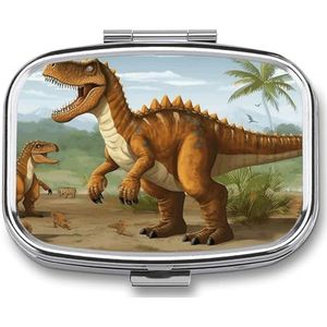 Jurassic Periode Dinosaurus pillenetui met 2 compartimenten, pillenorganizer, draagbare vierkante pillendoos, vitaminepillenorganizer voor zakportemonnee en reizen