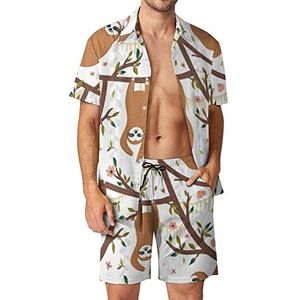 Tropisch Patroon Grappige Luiaards Opknoping Wildlife Hawaiiaanse Sets voor Mannen Button Down Korte Mouw Trainingspak Strand Outfits L