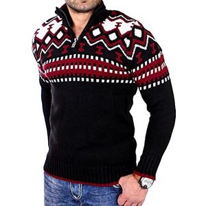 Reslad RS-3110 Gebreide trui voor heren, crewneck, rits, wintertrui, Noorse trui, zwart-rood, L