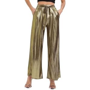 EMOTTOS Vrouwen Glimmende Metallic Broek, Fonkelende Wijde Broek Hoge Taille Streetwear met Elastische Tailleband, Fashion Holografische Kleur Broek met Zakken voor Nachtclub Party, Goud, M