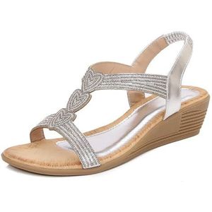 Xytraiihw Zomersandalen Voor Dames, Plateausandalen Met Sleehak Modieuze Sandalen Met Strass Comfortabele Slippers Met Zachte Zool En Glitter Peeptoe Romeinse Strandschoenen,Zilver,36 EU