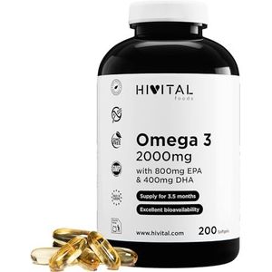 Omega 3 2000 mg. 200 softgels voor meer dan 3 maanden behandeling. Met 800 mg EPA, 400 mg DHA en natuurlijke Vitamine E. De enige met Spaanse visolie. Gefabriceerd in Europa door HIVITAL