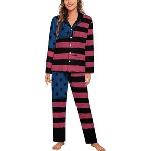 Vintage Amerikaanse Vlag Vrouwen Lange Mouw Button Down Nachtkleding Zachte Nachtkleding Lounge Pyjama Set XL