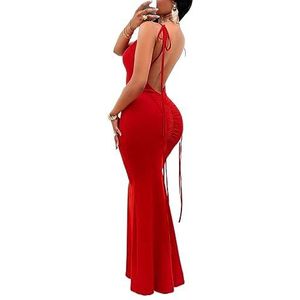 jurken voor dames Sexy rode stropdas schouder rugloze knoop zeemeermin zoom cami-jurk (Color : rood, Size : XL)