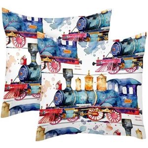 Set van 2 vierkante kussenslopen in aquarelkleur met retro trein, decoratieve zachte fluwelen kussensloop voor bank, bank, auto, woonkamer, 40 x 40 cm