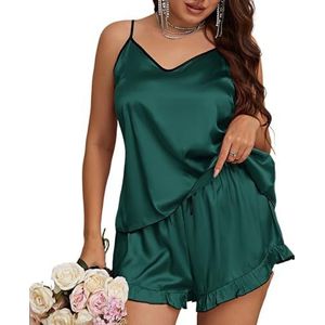 LoprNsdgt Womens Spaghetti Bandjes V-Hals Top Ruffle Shorts Groot Formaat Satijn Pyjama Set Nachtkleding,Groen,3XL