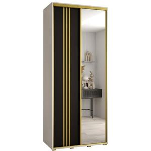 MEBLE KRYSPOL Davos 7 120 slaapkamerKledingkast met twee schuifdeuren - moderne opbergkast met spiegel, kledingroede en planken - 235,2x120x60 cm - wit zwart goud