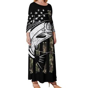 Amerikaanse Vlag Camouflage Bass Vissen Grafische Plus Size Jurk Voor Vrouwen Casual Lange Mouwen Maxi Jurken