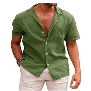 Heren Linnen Overhemd Korte Mouw Zomer Casual Katoenen Knopen Los Overhemd Strand Bruiloft Wit Overhemd(Green B,M)