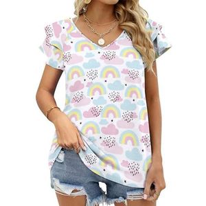Regenboog En Wolk Patroon Grafische Blouse Top Voor Vrouwen V-hals Tuniek Top Korte Mouw Volant T-shirt Grappig