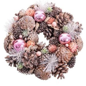 Kerstkrans met roze ballen van dennenappels Ø 26 cm
