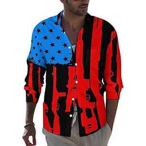Amerikaanse vlag met geweren heren revers shirt met lange mouwen button down print blouse zomer zak T-shirts tops XL