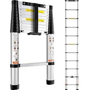 VEVOR Telescopische ladder, aluminium, 3,2 m, uittrekbaar, capaciteit 170 kg, met antislip voeten, compacte ladder, draagbaar, veelzijdig inzetbaar, met één knop, voor reparaties thuis, camper