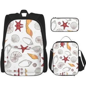 SUHNGE Fruits Watermeloen Print School Rugzak Verstelbare Schouderriemen,Lunch Tas Potlood Case 3-in-1 Set Tas, Shell Zeester, Eén maat