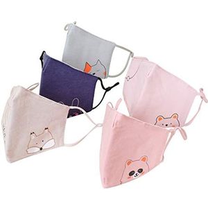 Mitavo 5 Stuks Kinderen Maskers, Wasbare Katoenen Gezichtsmaskers voor Jongens en Meisjes, Mondkapjes Kinderen, Verstelbare Elastische Riem, Ademend en Herbruikbaar