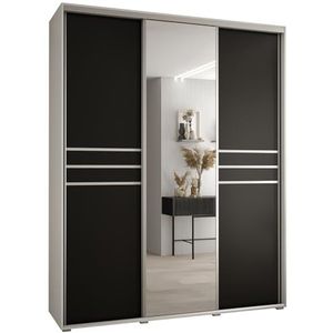 MEBLE KRYSPOL Davos 11 190 Kledingkast met drie schuifdeuren voor slaapkamer - Moderne Kledingkast met spiegel, kledingroede en planken - 235,2x190x45 cm - Wit Zwart Zilver