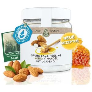 CozyNature Sauna zout peeling honing amandel 500 g | Voor de sauna, douche en stoombad | zeezout jojoba-olie vitamine E Body Scrub | Honing Amandel, 500 gram | incl. gratis sauna e-book