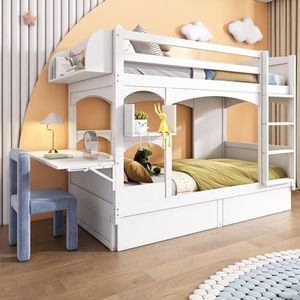Stapelbed voor kinderen, tweepersoonsbed, multifunctioneel kinderbed, met inklapbaar bureau en plank, met ladder en 2 laden, zonder matras, massief hout, wit, 90 x 200 cm