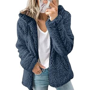 Pluche Vesten Met Capuchon Dames Teddy Fleece Jack Ritsvest Fleece Jas Winterjas Pluche Jas Jas Met Capuchon Van Imitatiebont Pluche Jas Capuchon (Color : Blue, Size : L)