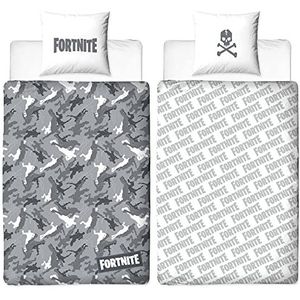 Fortnite omkeerbaar beddengoed, grijs, 135 x 200 cm + 80 x 80 cm, 100% katoen, renforcé-Linon-kwaliteit, kinderbeddengoed, Battle Royale Loot Lama Dance Lake Salty Tilted Skins 2 motieven met