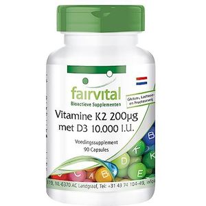 Fairvital | Vitamine D3 + K2 capsules - vitamine D3 10.000 I.E + vitamine K2 MK-7 200mcg per capsule - HOOG GEDOSEERD & VEGAN - 90 capsules - slechts 1 capsule per 10 dagen