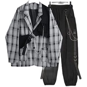 Herfst Unisex 3-delige Suits Streetwear Losse Plaid Vest+jas + Ketting Cargo Broek Dames 3 STUKS, S