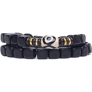 Kralenarmband, Mala gebedskralen elastische armband, 9 mm gebedskralen sandelhout vierkante vorm Tibetaanse boeddhistische meditatie dubbele cirkelstijl sieraden (kleur: zwart)