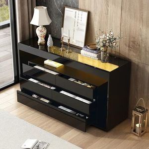 boorbin Sideboard, 6 grote laden, gehard glasplaat, dubbellaags design, hoogglans, zwart, veel opbergruimte, universeel inzetbaar