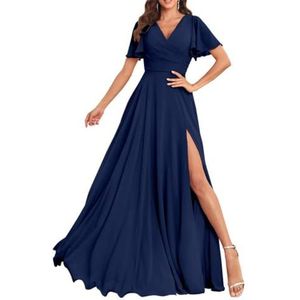 Chiffon bruidsmeisjesjurken voor dames, met split, lange baljurken, cocktailjurken, grote maten, Donkerblauw, 32