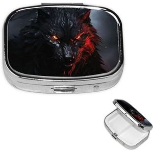 Grote zwarte wolf met rode ogen pillendoos met spiegel, 2 compartimenten kleine pillenetui voor portemonnee of zak, mini metalen pillenhouder reizen wekelijkse geneeskunde tablet vitaminehouder