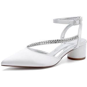 Dames Lage Chunky Blokhak Trouwschoenen voor Bruid Enkelband Pumps Gesloten Teen Satijnen Prom Court Schoenen met Strass steentjes,ivoor,36 EU