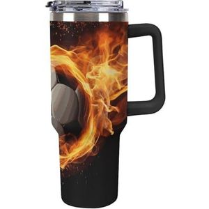 STVNKML 40 oz beker met handvat voetbal vlam roestvrijstalen koffiemok herbruikbare reismok lekvrije geïsoleerde autobeker grote capaciteit beker voor reizen, buiten, thuisgebruik (zwart)