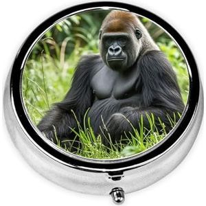 Pillendoosje met spiegel, retro pillendoosje met 3 vakken, gorilla in het gras, kleine pillenorganizer voor portemonnee of zak, decoratieve metalen medicijnen, vitamine-organizer, unieke geschenken