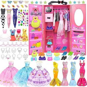 85PCS Poppenkleding en accessoires met Poppenkast voor 11,5 Inch Pop - Fashion Design Poppenset Inclusief Trouwjurk Mode Jurken Outfits Tops en Broek Schoenen Hangers Tassen voor Meisjes