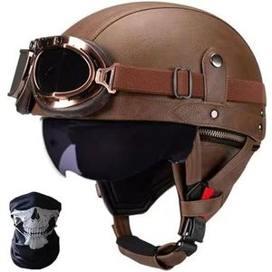 DOT/ECE-goedkeuring leren halve helm, retro motorfiets halve helm met bril, snelsluiting, volwassen halve jethelm, cruiser, scooterhelm, vintage L,M=57-58CM