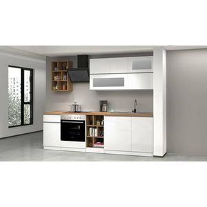 Dmora Completo Ronald, praktisch en ruimtebesparend, keukenwand met 5 deuren en 1 lade, 100% Made in Italy, 255 x 60 x 85 cm, glanzend wit en eiken