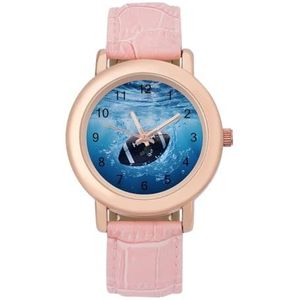 Voetbal Levendige Blauwe Oceaan Water Dames Elegant Horloge Lederen Band Polshorloge Analoog Quartz Hor