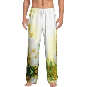 Witte Tulpen Bloemen Mannen Lange Lounge Wear Broek Nachtkleding Pyjama Bodems Nachtkleding Met Zakken En Trekkoord, Wit, S