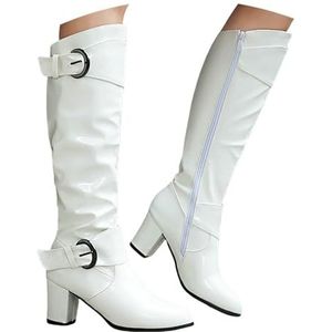 2024 Nieuwe Hoge Laarzen Met Dubbele Gespen Elegante Lange Schacht Laarzen for Dames Met Blokhak Herfst Winter PU Lakleer Ridderlaarzen Vintage Geplooide Hoge Hakken(White,37 EU)