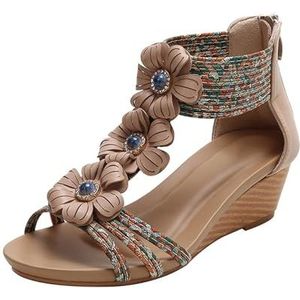 Wedgesandalen Voor Dames 2 Inch Bohemia Flower Open Toe Platform Romeinse Hoge Hak Casual Zomer Strand Dames Sandalen(Apricot B,42 EU)