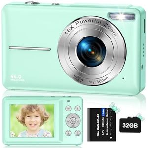 Digitale camera met 32 GB TF-kaart, digitale camera voor kinderen, 1080p 44MP FHD, oplaadbaar, compacte digitale camera met 16-voudige digitale zoom, voor kinderen, volwassenen, studenten, groen