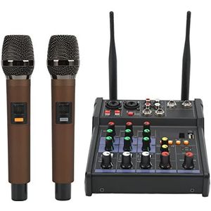 Professionele Audiomixer, 4-kanaals Geluidsmixer met Dubbele Draadloze Microfoon, 4-kanaals Kleine Bluetooth-stereomixer voor Thuis Karaoke Party Computer Studio-opname