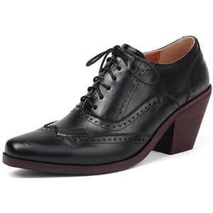 LIPIJIXI Dames's Wijnoogst Stacked Heel Oxfords Wingtip Veter-Up High Heel Brogue Pumps Schoenen voor dames Klassiek Chunky Block Heel Leer Dress Schoenen Black Size 5