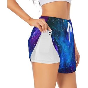 Galaxy Print High Waisted Athletic Workout Shorts tweelaagse gymshorts voor dames, casual comfortabele sportshorts, Wit, XL