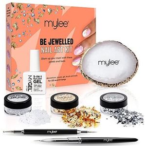 Mylee Be Jewelled Nail Art Set – Dun Fine Penseel, Dotting Tool, Palet voor Mengen Gelkleuren, Transparante 5-in-1 Builder Gel, Bladgoud, Diverse Edelstenen & Parels, Nail Art Decoratie Accessoires