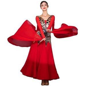 Yhsgscr Ballroomdans grote A lijn rok Moderne Nationale Standaard Danswedstrijdjurk Luipaardprint Tango danskleding voor dames Waltz dansoutfit,Rood,L