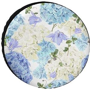 Blauwe hortensia grappige reservebandhoes, weerbestendige wielbeschermers, campingdecoratie voor de meeste voertuigen